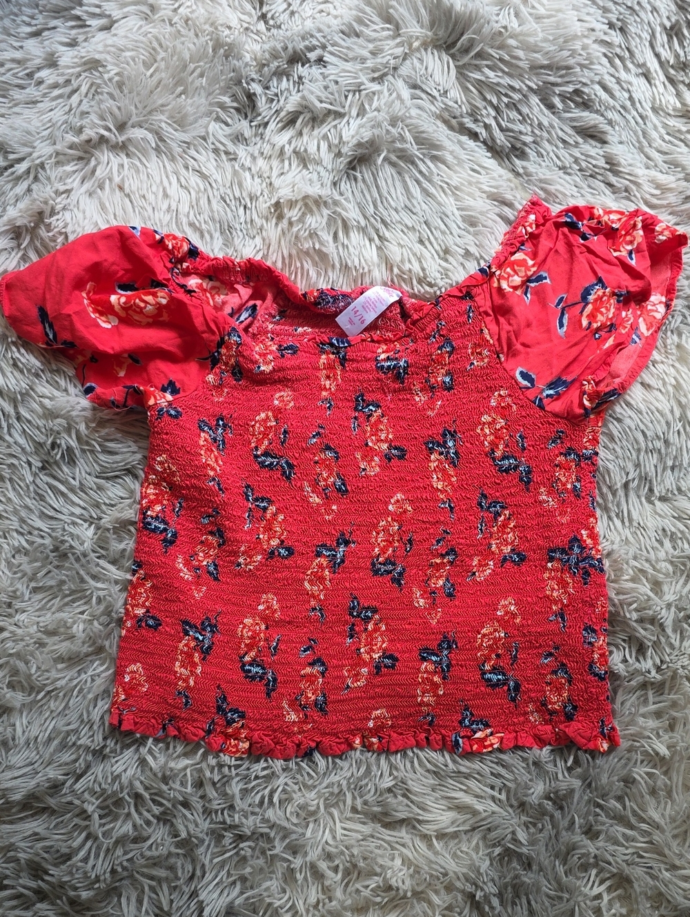 Justice Red Floral Smocked Top with Navy Accents